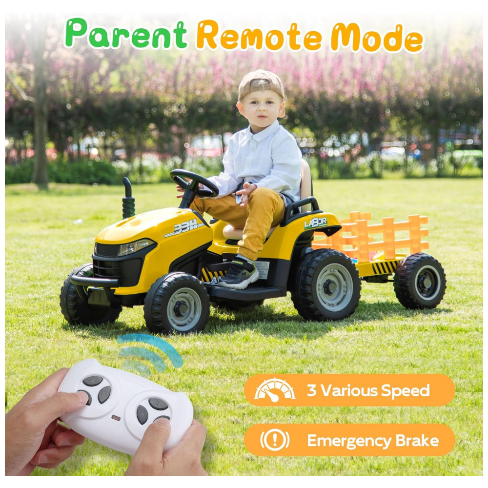 Trator Infantil Elétrico ANPABO Amarelo 24V Trailer Basculante Removível Pneus EVA Controle Remoto com Som Realista e Bluetooth - Imagem 5