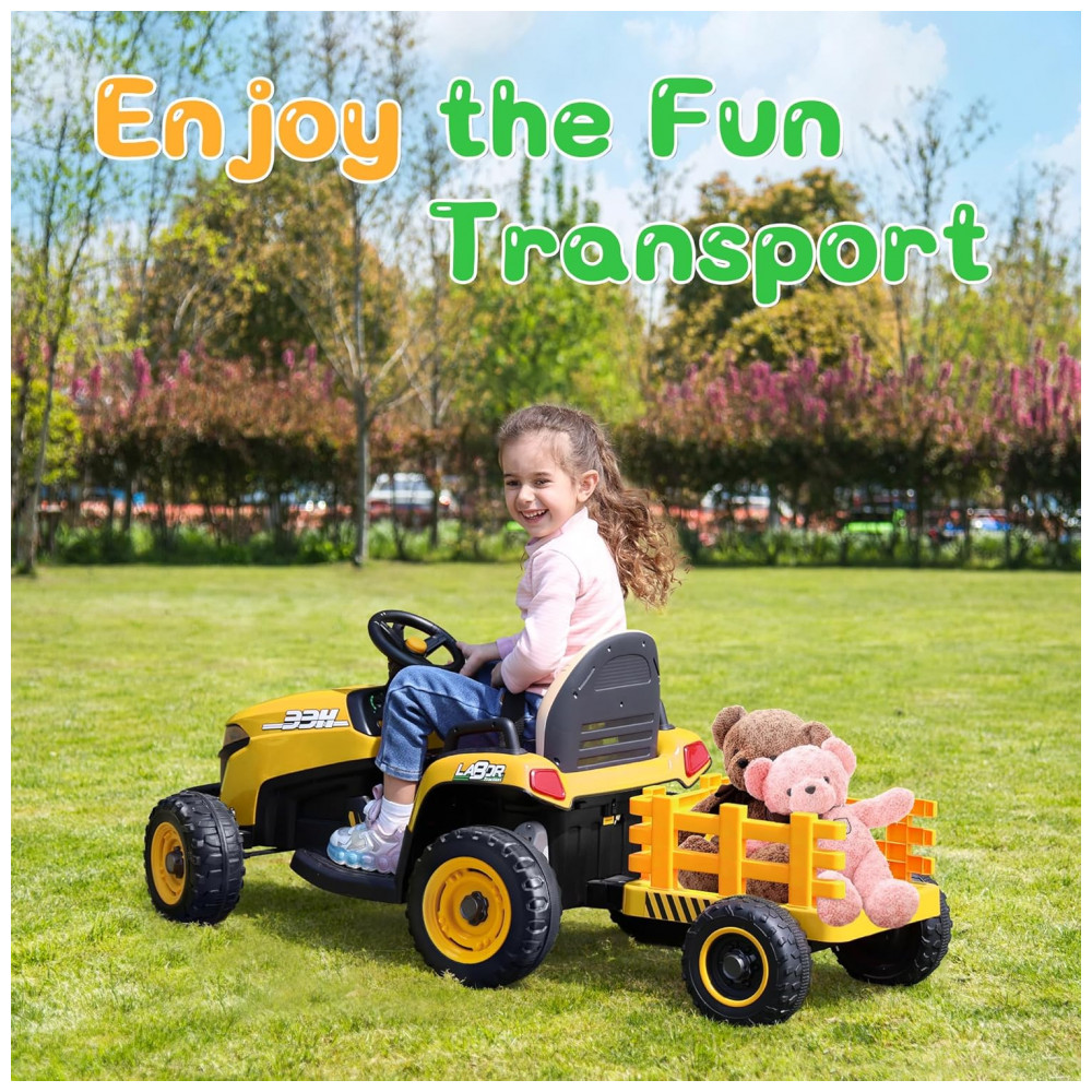 Trator Infantil Elétrico ANPABO Amarelo 24V Trailer Basculante Removível Pneus EVA Controle Remoto com Som Realista e Bluetooth - Imagem 6