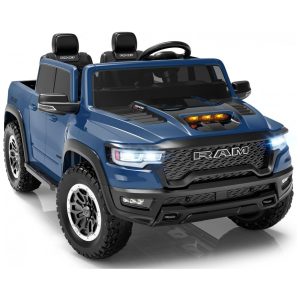 Carro Elétrico Infantil RAM 1500 24V Azul 2 Lugares com Controle Remoto Bluetooth Luzes LED Baú e Cinto de Segurança