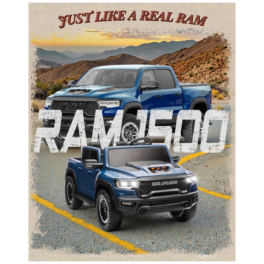 Carro Elétrico Infantil RAM 1500 24V Azul 2 Lugares com Controle Remoto, Bluetooth, Luzes LED, Baú e Cinto de Segurança - Imagem 2