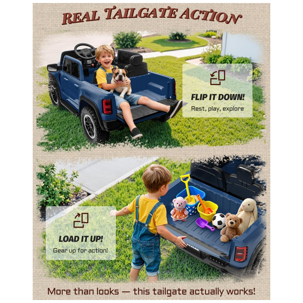Carro Elétrico Infantil RAM 1500 24V Azul 2 Lugares com Controle Remoto, Bluetooth, Luzes LED, Baú e Cinto de Segurança - Imagem 3
