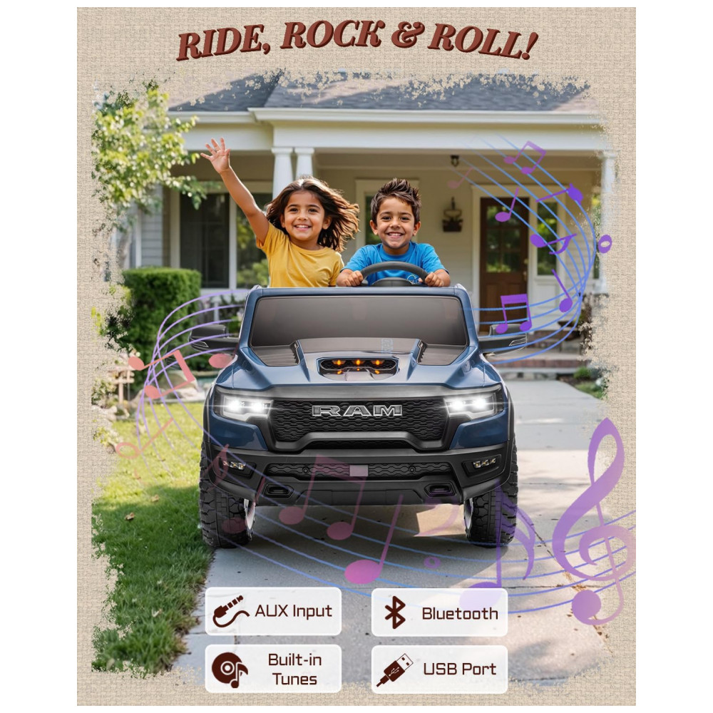 Carro Elétrico Infantil RAM 1500 24V Azul 2 Lugares com Controle Remoto, Bluetooth, Luzes LED, Baú e Cinto de Segurança - Imagem 4
