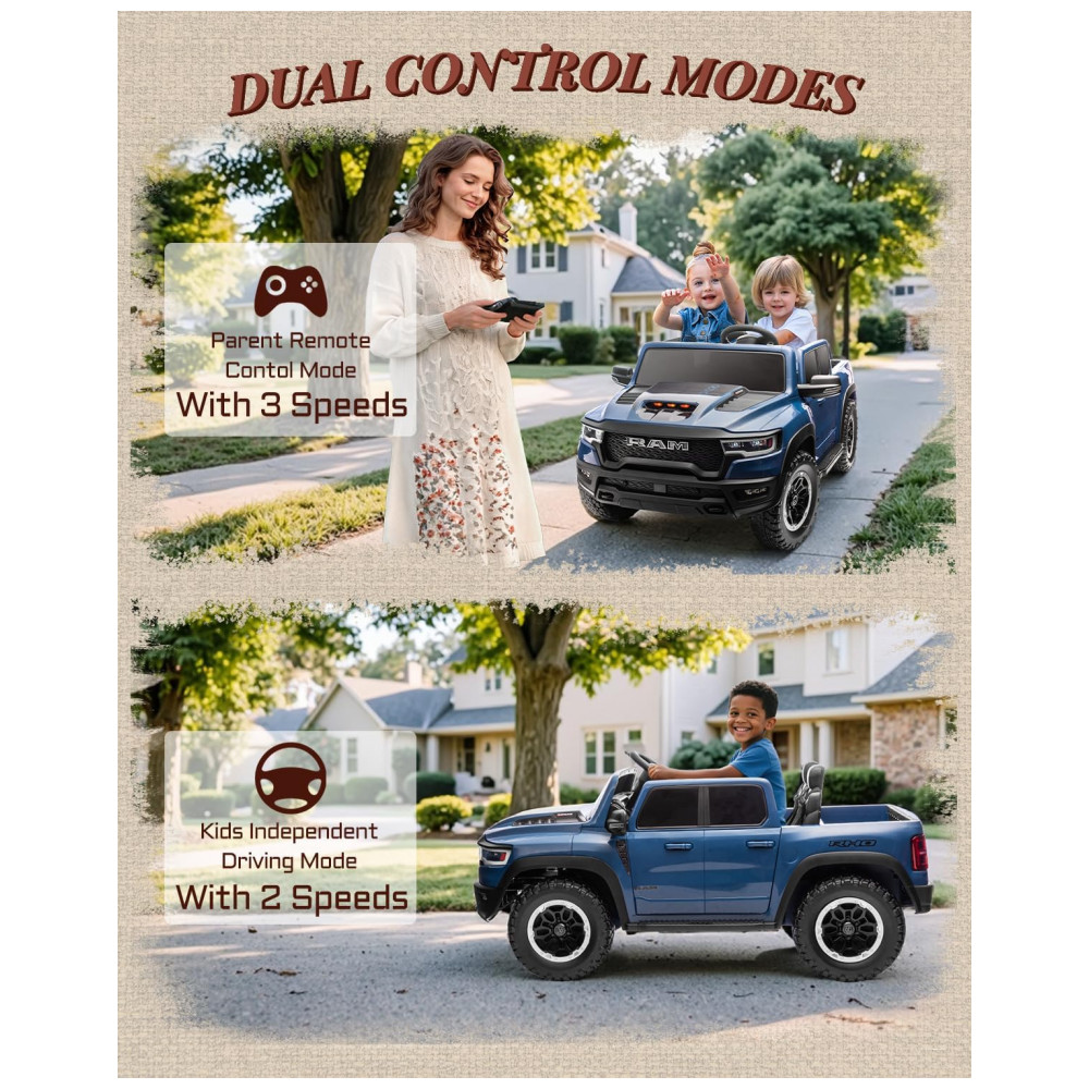 Carro Elétrico Infantil RAM 1500 24V Azul 2 Lugares com Controle Remoto, Bluetooth, Luzes LED, Baú e Cinto de Segurança - Imagem 5