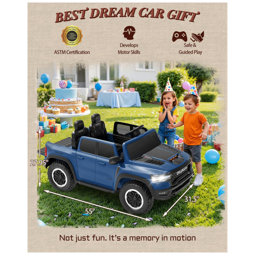 Carro Elétrico Infantil RAM 1500 24V Azul 2 Lugares com Controle Remoto, Bluetooth, Luzes LED, Baú e Cinto de Segurança - Imagem 6