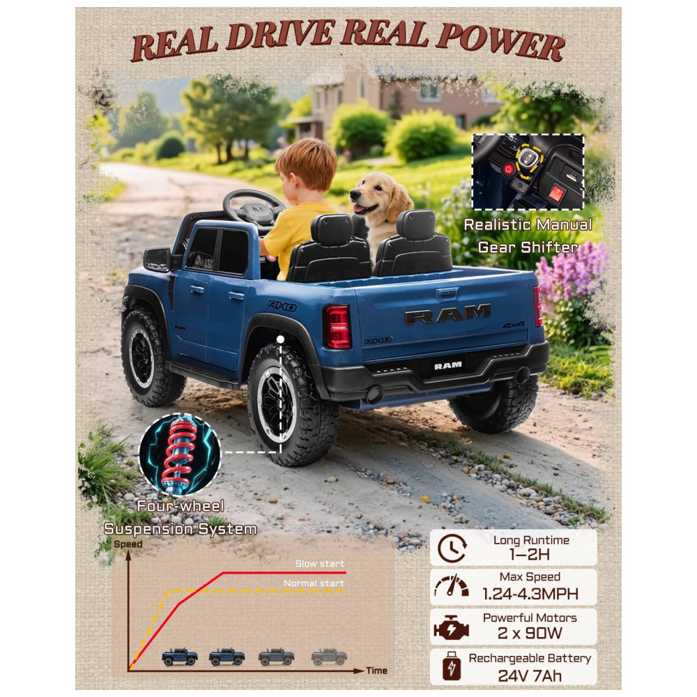 Carro Elétrico Infantil RAM 1500 24V Azul 2 Lugares com Controle Remoto, Bluetooth, Luzes LED, Baú e Cinto de Segurança - Imagem 7