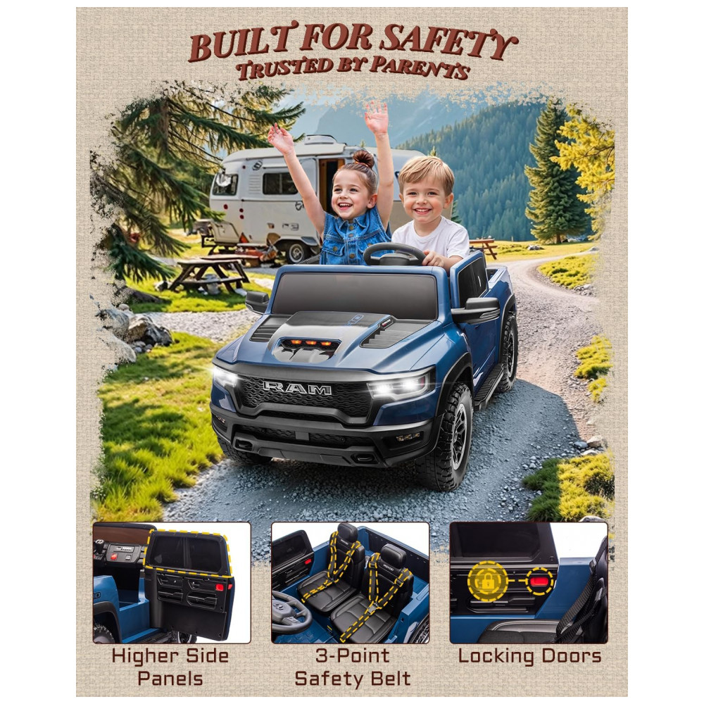 Carro Elétrico Infantil RAM 1500 24V Azul 2 Lugares com Controle Remoto, Bluetooth, Luzes LED, Baú e Cinto de Segurança - Imagem 8