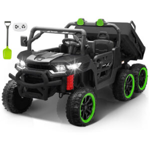 Caminhão Basculante Infantil Elétrico Letsgoride Preto e Verde 24V 2 Lugares 4 Motores 100W Caçamba Automática 4WD Bluetooth Música LED 6 Rodas