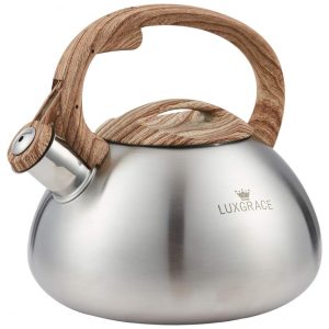 Chaleira LUXGRACE Prata Com Apito 208L Aço Inox Alça Madeira Sintética Para Fogão Indução Gás Elétrica