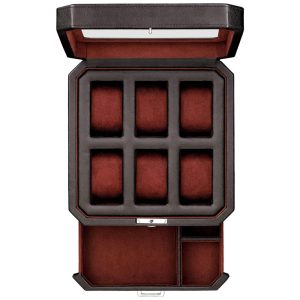 Caixa Estojo para Relógios com 6 Compartimentos ROTHWELL Preto e Vermelho