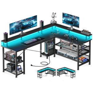 Mesa Gamer em Formato de L 59" 150cm em Fibra de Carbono com Prateleiras de Armazenamento Suporte para Monitor Tomadas e Luz LED 110V ODK Preto