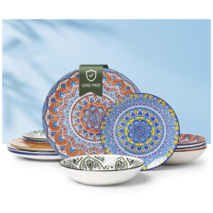 Conjunto de Jantar de Cerâmica 12 Peças, Pratos Tigelas de Massa Tigelas de Cereal, Design Único de Reação à Glaze, Seguro para Freezer e Micro-ondas,