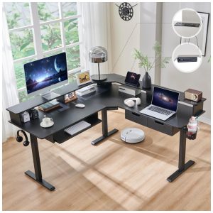 Mesa Gamer em L Elétrica RedLemon Fibra de Carbono Preta 152 cm com Altura Ajustável Gavetas Bandeja Teclado Tomadas e Luzes LED Modelo ELD60LS-CFB