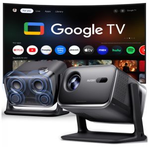 Mini Projetor Aurzen Preto Google TV WiFi Bluetooth Dolby Audio 1080P Boom Mini 120W
