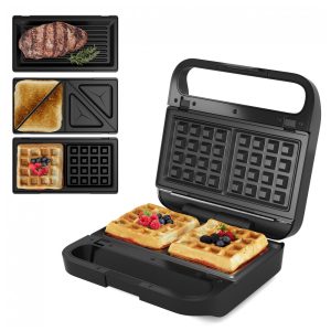 Sanduicheira Elétrica 3 em 1 Sunvivi Preto 850W Placas Removíveis Tampa Vidro 120V 23x9x23 cm