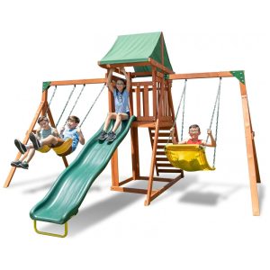 Conjunto de Balanços de Madeira Sportspower Sherwood Verde 3 Balanços Ajustáveis Escorregador 274 m Deck Coberto Capacidade 272 kg