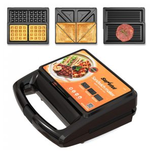 Sanduicheira Elétrica 3 em 1 Sunvivi Preto 800W Placas Removíveis Tampa Vidro 120V 23x22x10 cm