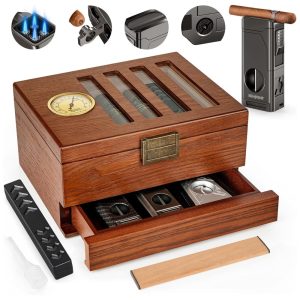 Umidor de Charutos SEMKONT - Gaveta com Fechadura Retrô em Cedro Tampo de Vidro com Higrômetro Embutido com Umidificador Isqueiro e Conta-Gotas - 30cm
