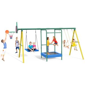 Playground Infantil de Metal com Cesta de Basquete Trampolim e 3 Balanços Vibemo VB-SW04 Verde