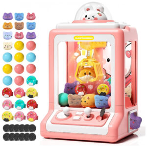 Máquina de Garra Rabbit para Crianças Jovow Rosa com 30 Brinquedos, Música e Moedas para Festa e Diversão