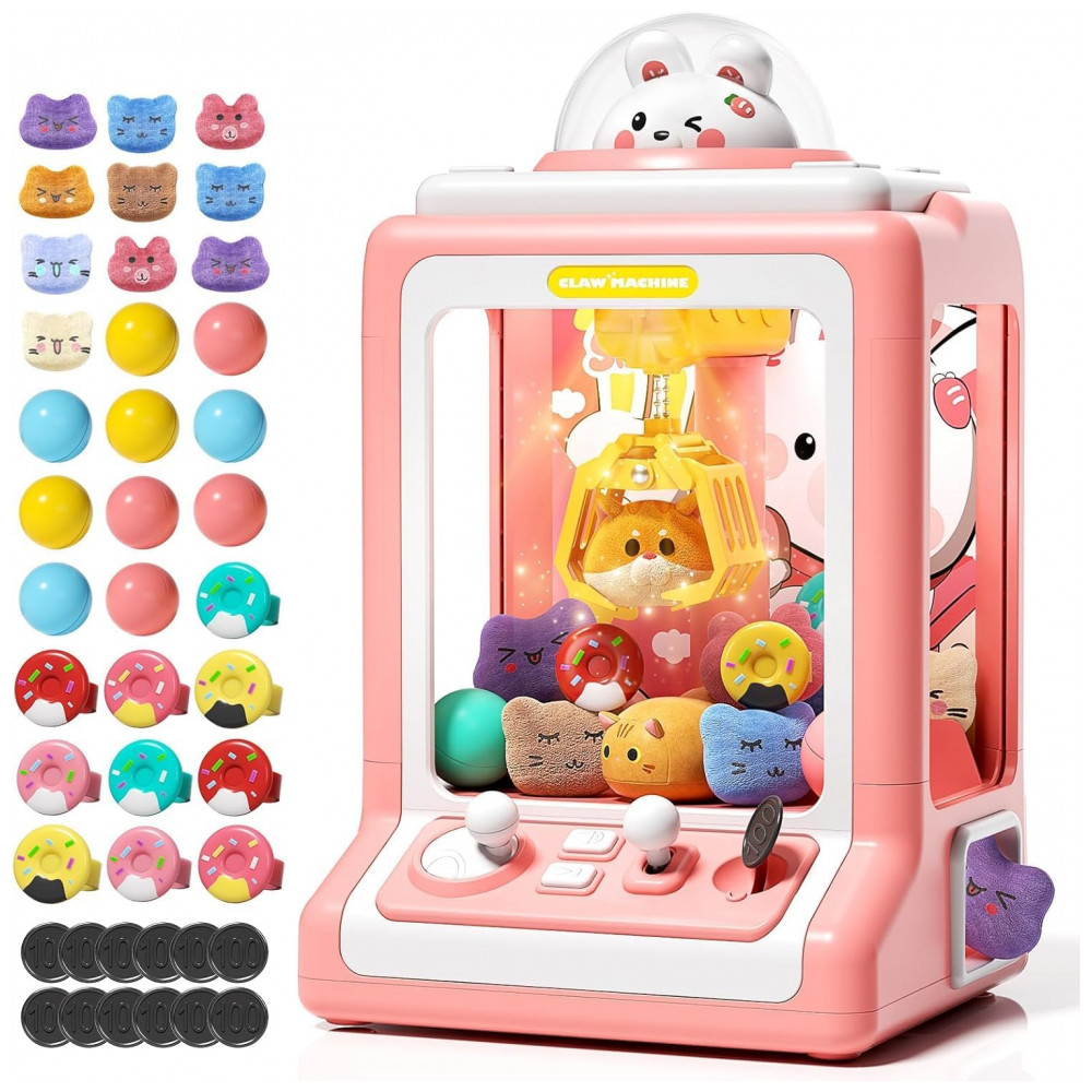 Máquina de Garra Rabbit para Crianças Jovow Rosa com 30 Brinquedos, Música e Moedas para Festa e Diversão