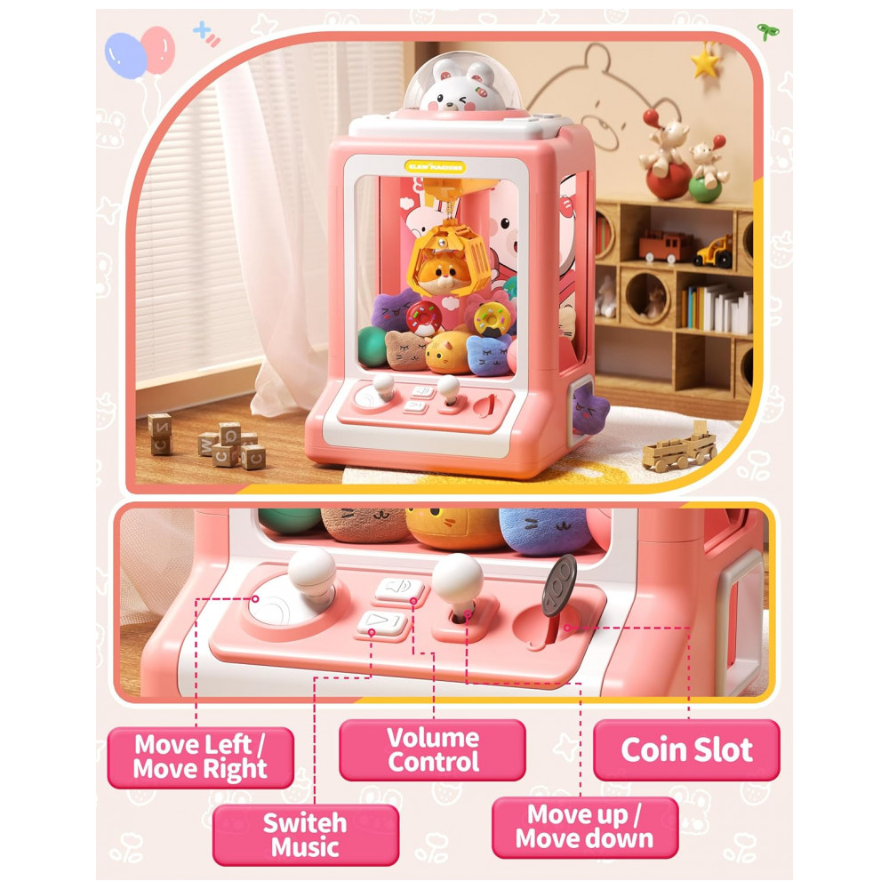 Máquina de Garra Rabbit para Crianças Jovow Rosa com 30 Brinquedos, Música e Moedas para Festa e Diversão - Imagem 5
