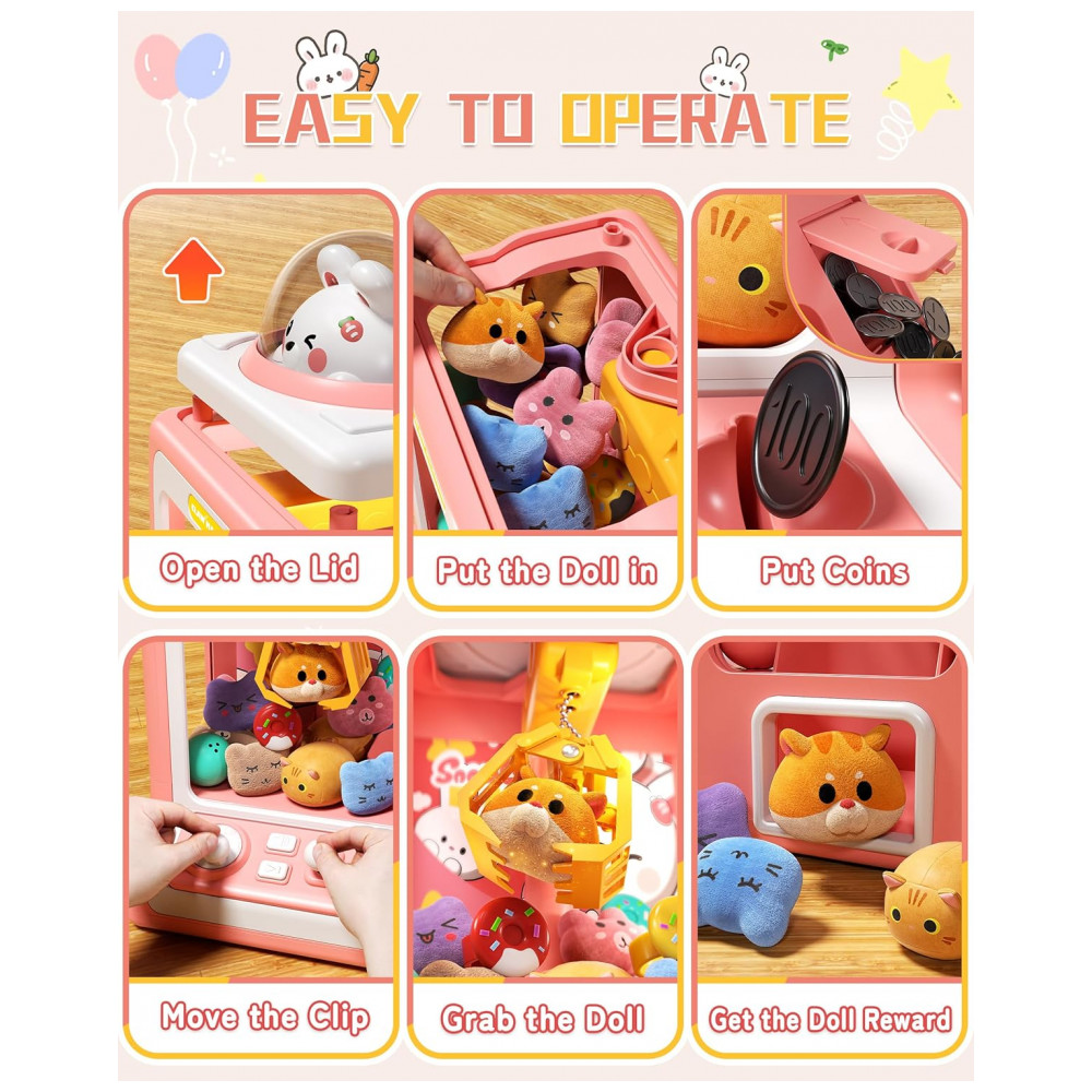 Máquina de Garra Rabbit para Crianças Jovow Rosa com 30 Brinquedos, Música e Moedas para Festa e Diversão - Imagem 6