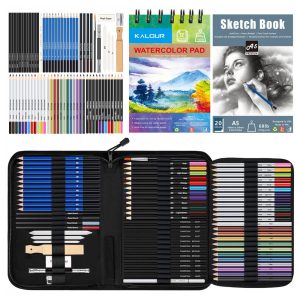 Kit de desenho e esboço 76 peças KALOUR com lápis grafite cor aquarela metálico carvão sketchbook bloco aquarela e estojo