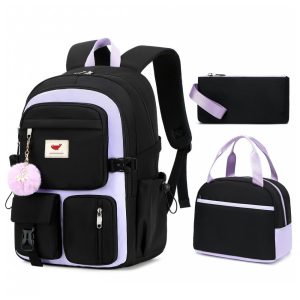 Mochila escolar feminina para notebook 40 cm preta e roxa com estojo e lancheira 3 peças