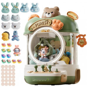 Máquina de Garra Verde – Mini Arcade Infantil com 10 Pelúcias, 10 Mini Brinquedos, 10 Ovos Surpresa, 24 Moedas, Som, Luzes LED e Alimentação USB/4 AA