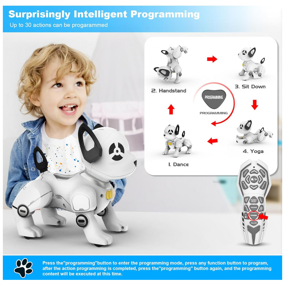 Robô Cachorro Programável Preto e Branco – Controle Remoto, Imitador de Sons, Dança e “Handstand” para Crianças - Imagem 4