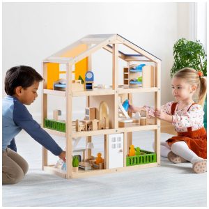Casa de Bonecas Guia Guidecraft Madeira Natural 3 Andares Detalhes em Acrílico Para Crianças 3+ Modelo Modern Home