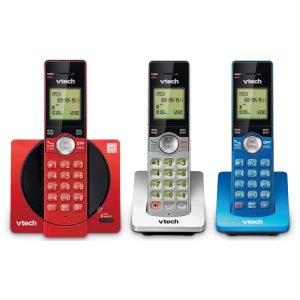 Telefone sem fio VTech com 3 ramais para casa identificador de chamadas e viva-voz modo ECO montagem na parede - Vermelho/Azul/Cinza
