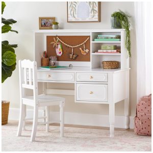 Conjunto infantil de escrivaninha hutch e cadeira Guidecraft Avery Branco em madeira com 3 gavetas e nichos 112cm