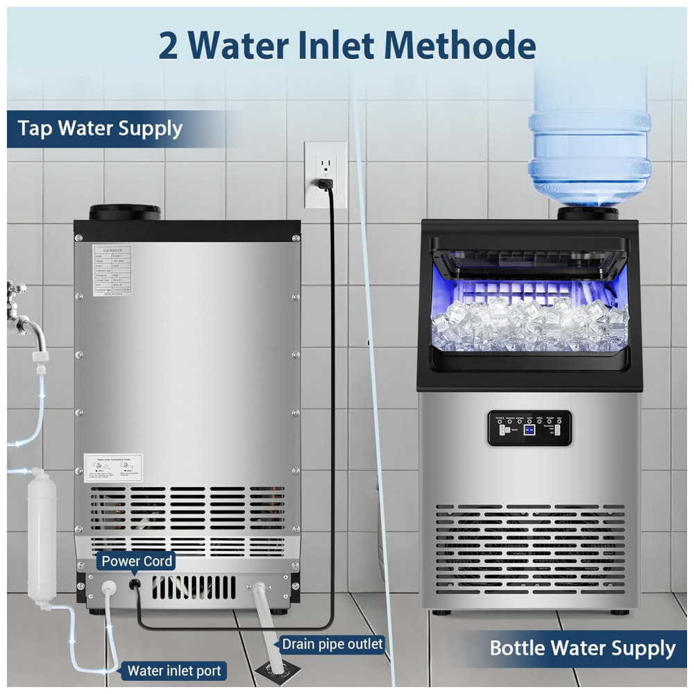 Máquina de gelo comercial RAPSUAR inox prata dupla entrada de água filtro integrado 45 kg/24h 110V - Imagem 2