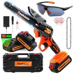 Mini Motosserra Elétrica sem Fio com 2 Baterias 21V para Poda de Galhos 900W Zeeksaw Laranja