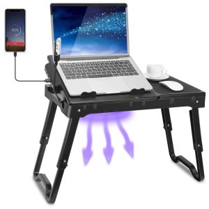 Mesa para laptop para cama com ventilador com pernas dobráveis Bandeja com luz LED 4 portas USB zenamento mouse pad TEQHOME K653 Preto
