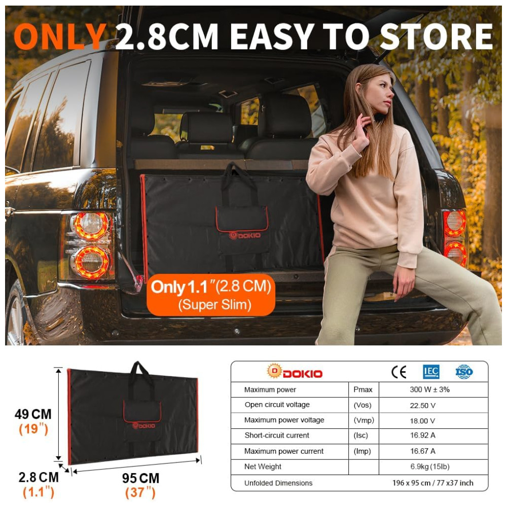 DOKIO Painel Solar portátil dobrável monocristalino com controlador de carga USB 300W 12V 1 unidade - Imagem 2