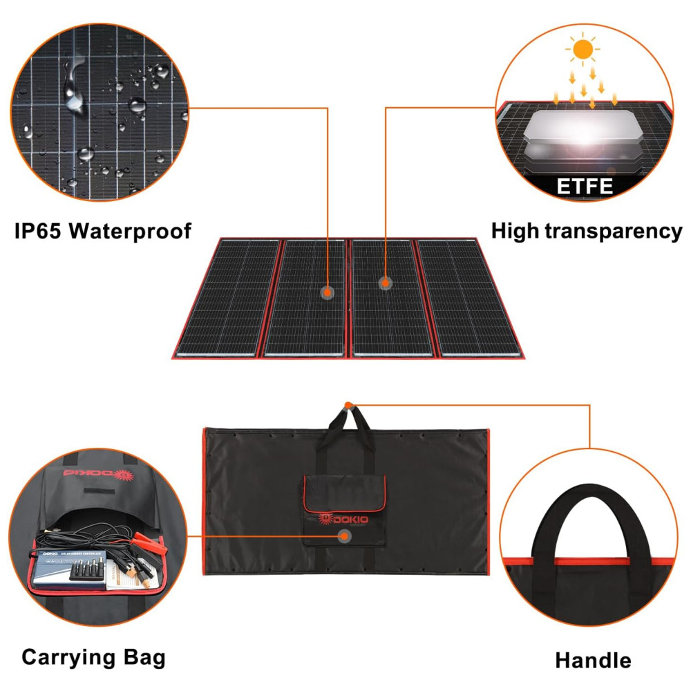 DOKIO Painel Solar portátil dobrável monocristalino com controlador de carga USB 300W 12V 1 unidade - Imagem 3
