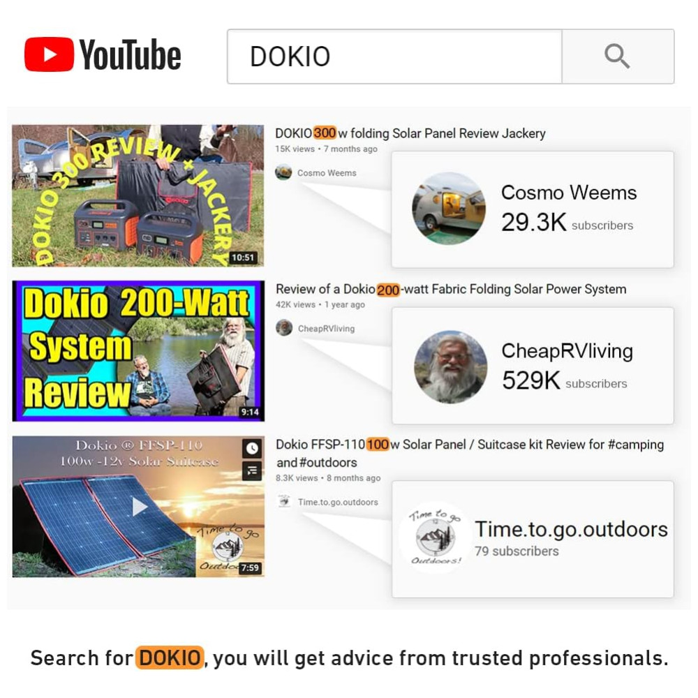 DOKIO Painel Solar portátil dobrável monocristalino com controlador de carga USB 300W 12V 1 unidade - Imagem 6