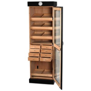 Umidor Torre Preto com Prateleiras e Gavetas Ajustáveis | Grande Capacidade Porta de Vidro Temperado Higrômetro e Forro de CedroHumidor Supreme.