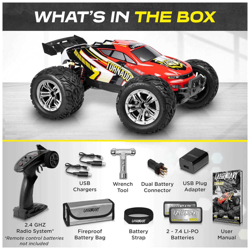 Carrinho de Controle Remoto p Adultos Off Road 112 Escala Até 48 KM H Recarregável Vermelho - Imagem 3