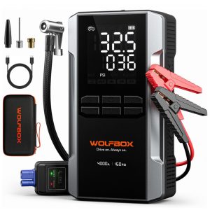 Jump Starter (Aux.de partida) com Compressor WOLFBOX 4000A Preto 88.8Wh 160 PSI Gasolina 10L Diesel 10L 12V