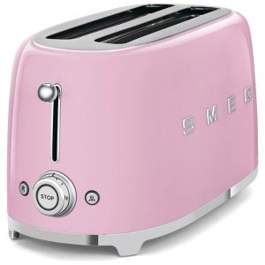 Torradeira 4 Fatias Smeg Retrô Rosa 6 Níveis 3 Funções Inox Compartimentos Largos Bandeja Migalhas 1400W 110V
