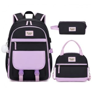 Mochila escolar juvenil Bevalsa roxa e preta com estojo e lancheira 45 cm e porta USB