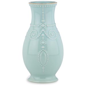 Vaso Canelado de 20 cm em Cerâmica Stoneware Lenox French Perle Azul Gelo