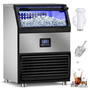 Máquina de Gelo Profissional Produz 158 kg em 24H com Armazenamento de 34 kg Autolimpeza e Acessórios Inclusos 110V 750W RAPSUAR Prata e Preta