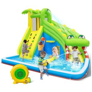 Parque Aquático Inflável 5 em 1 com Toboágua Pula-Pula de Crocodilo Escalada Piscina Canhão d'Água Basquete e Compressor de ArTOAOB