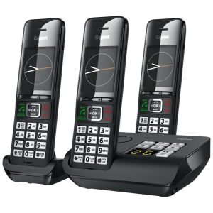 Telefone Sem Fio Gigaset Comfort 552A Trio DECT Preto/Titânio 3 Handsets com Secretária Eletrônica Tela Colorida 22" Proteção de Chamadas Agenda para 200 Contatos Fabricação Alemã