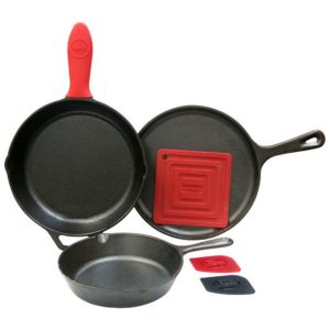 Conjunto de 3 Frigideiras de Ferro Fundido Pré Preparada com Alças de Silicone LODGE L6SPB41 Preto