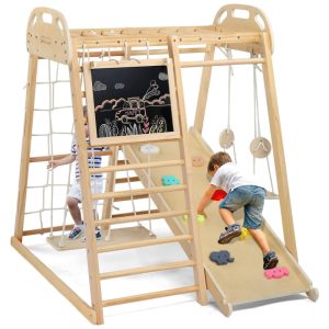 JOYMOR 8 em 1 Jungle Gym Interno para Crianças e Bebês com Ponte Suspensa e Balanço Playground Interno de Madeira com Escorregador Quadro Negro